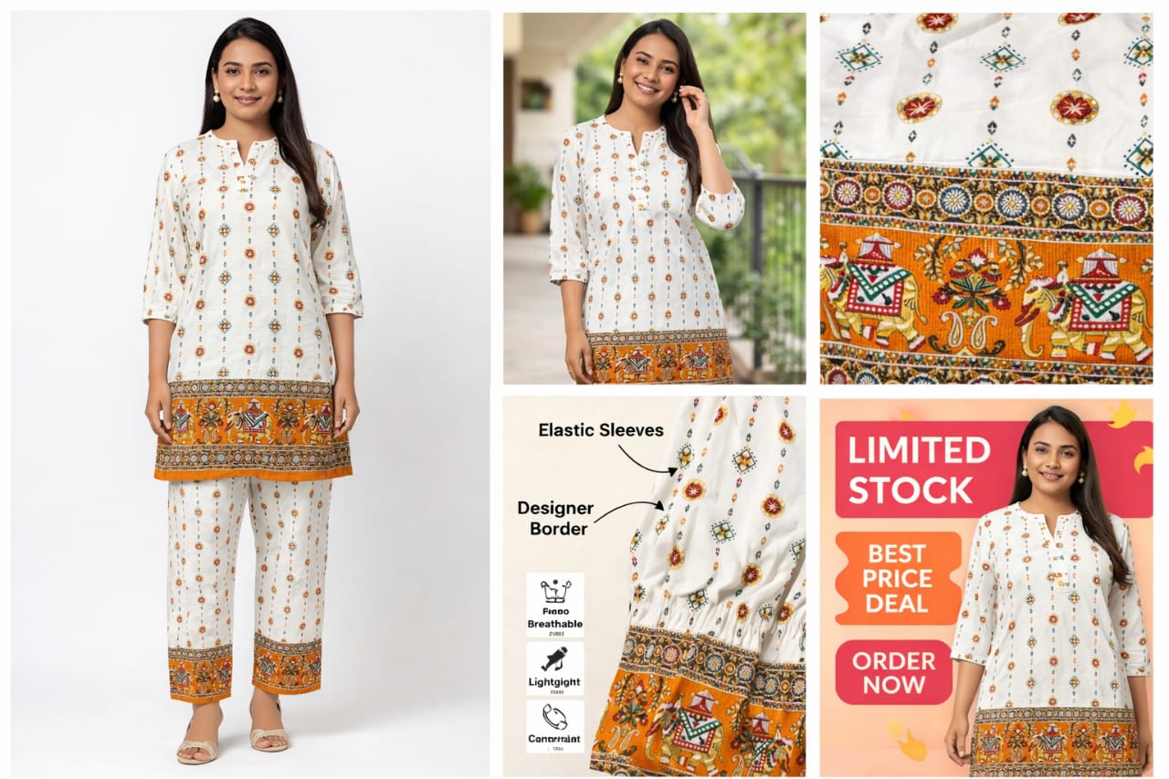 ThreadFash Designer White Kurti Set with Border - Festive Ethnic Wear